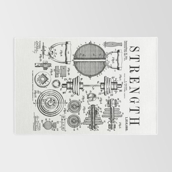 Gym Fitness Workout Dumbbell Kettlebell Vintage Patent Print Rug Gallery Image 2