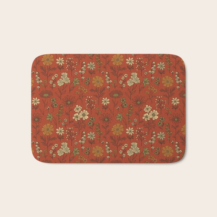 Burnt Orange & Olive Green Floral Bath Mat Gallery Image 1