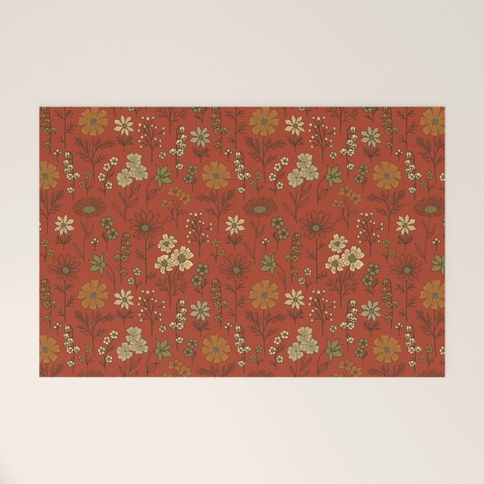 Burnt Orange & Olive Green Floral Welcome Mat Gallery Image 1