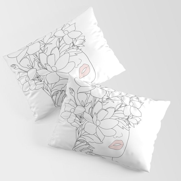 Minimal Line Art Woman with Magnolia Pillow Sham Gallery Image 3
