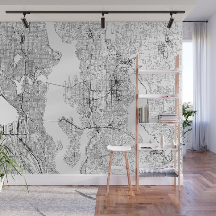 Seattle White Map Wall Mural Gallery Image 1