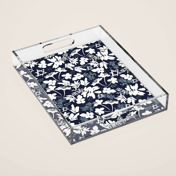 Dark and Light Blue Floral Star of David Acrylic Tray Gallery Image 1