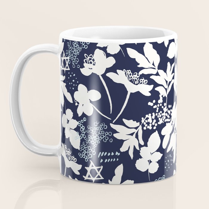Dark and Light Blue Floral Star of David Coffee Mug Gallery Image 3