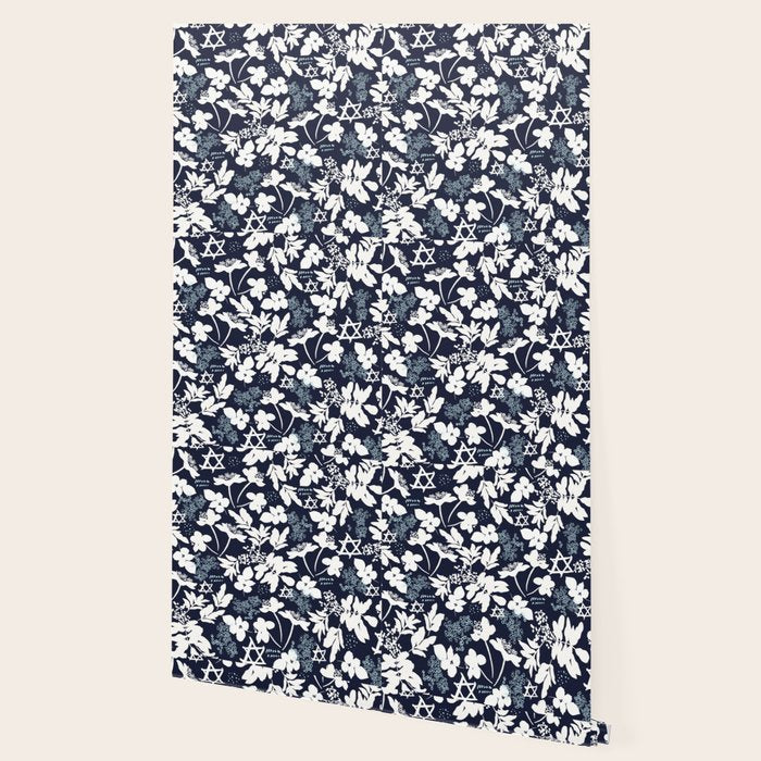 Dark and Light Blue Floral Star of David Wallpaper Gallery Image 2