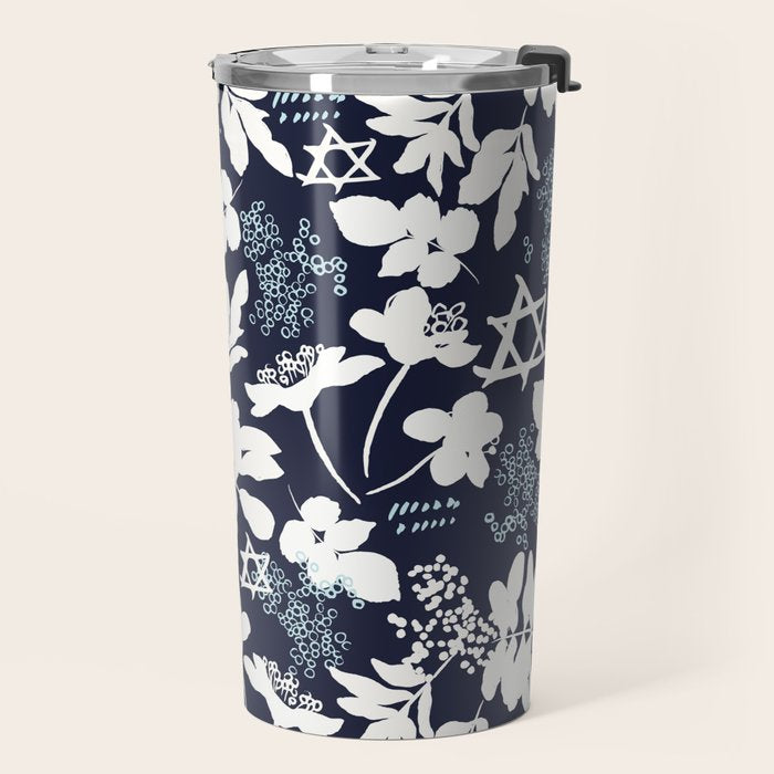 Dark and Light Blue Floral Star of David Travel Mug Gallery Image 2