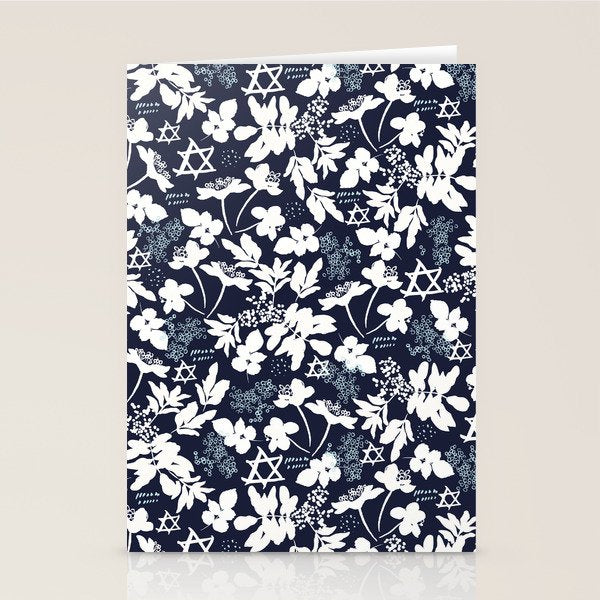 Dark and Light Blue Floral Star of David Stationery Card Gallery Image 1