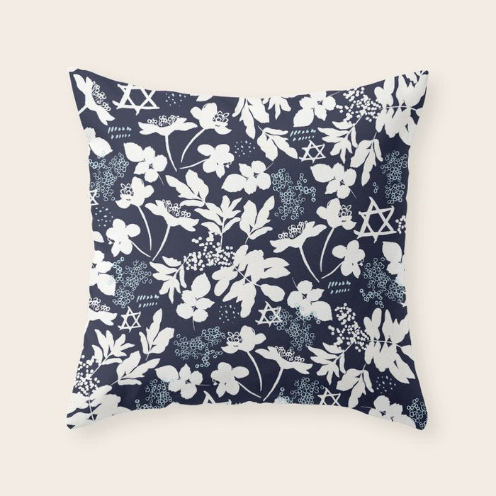 Dark and Light Blue Floral Star of David Throw Pillow Gallery Image 1