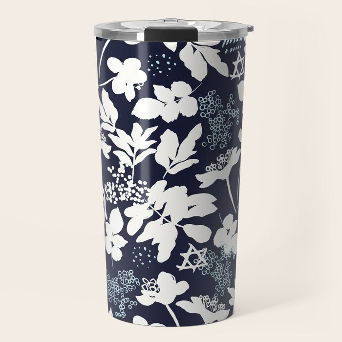 Dark and Light Blue Floral Star of David Travel Mug Gallery Image 1
