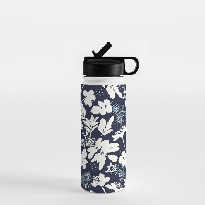 Dark and Light Blue Floral Star of David Water Bottle Gallery Image 1