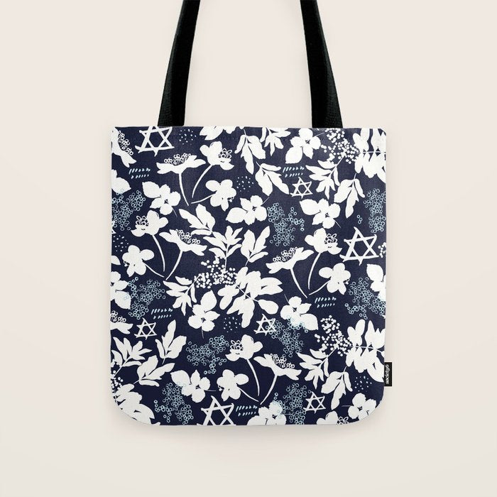 Dark and Light Blue Floral Star of David Tote Bag Gallery Image 1
