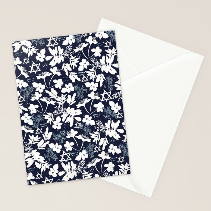 Dark and Light Blue Floral Star of David Stationery Card Gallery Image 2
