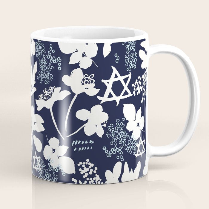 Dark and Light Blue Floral Star of David Coffee Mug Gallery Image 1