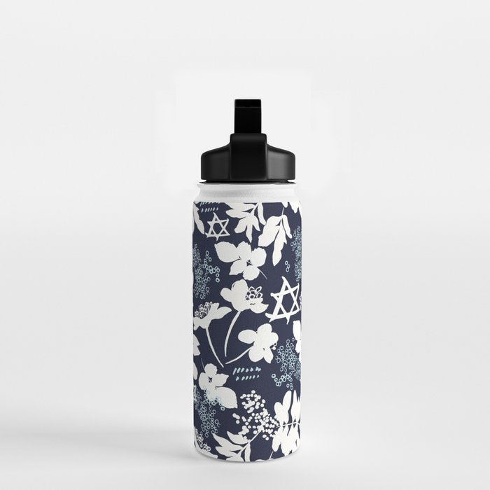 Dark and Light Blue Floral Star of David Water Bottle Gallery Image 2