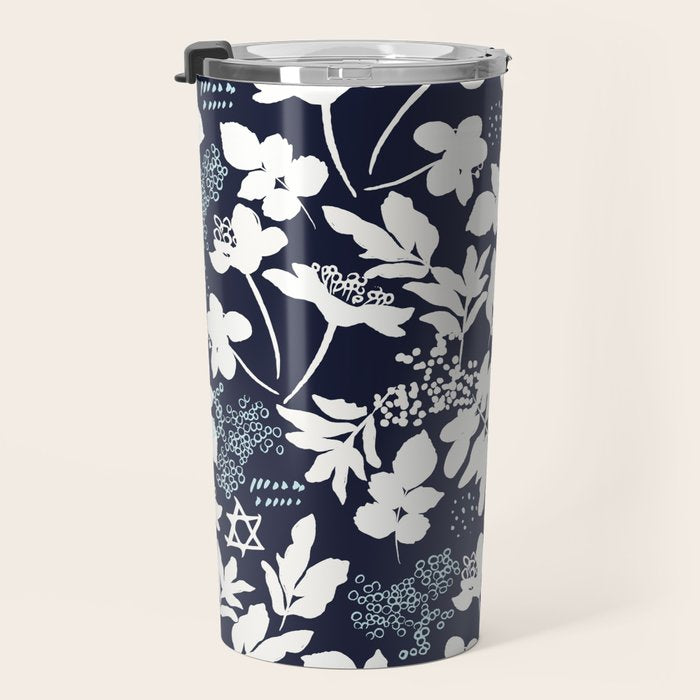 Dark and Light Blue Floral Star of David Travel Mug Gallery Image 3