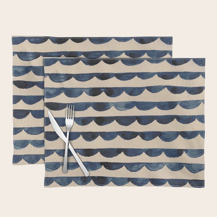 Thin Scalloped Line in indigo watercolor blue Placemat Gallery Image 1
