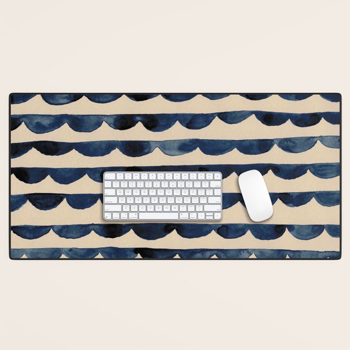 Thin Scalloped Line in indigo watercolor blue Desk Mat Gallery Image 1