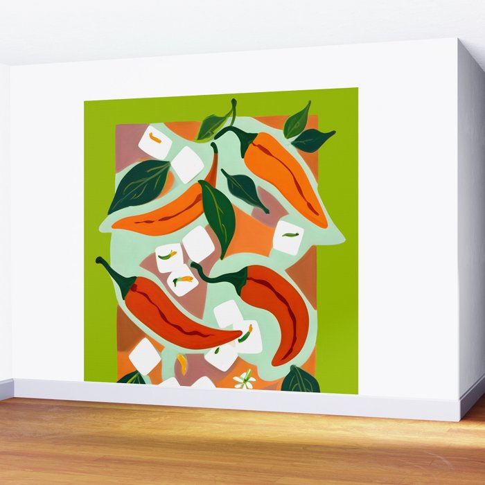 Chilies & Ice Cubes, Plants Botanical Contrast Veggies, Kitchen Cook Food, Spicy Recipe Eclectic Bohemian Painting Wall Mural Gallery Image 2