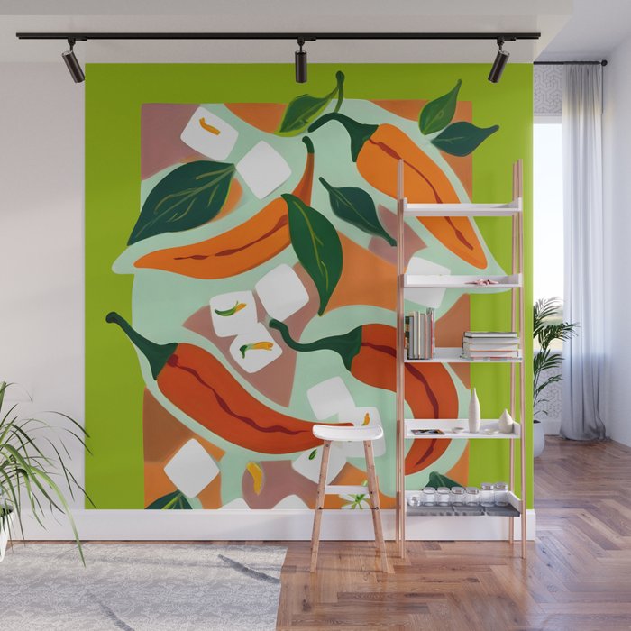 Chilies & Ice Cubes, Plants Botanical Contrast Veggies, Kitchen Cook Food, Spicy Recipe Eclectic Bohemian Painting Wall Mural Gallery Image 1