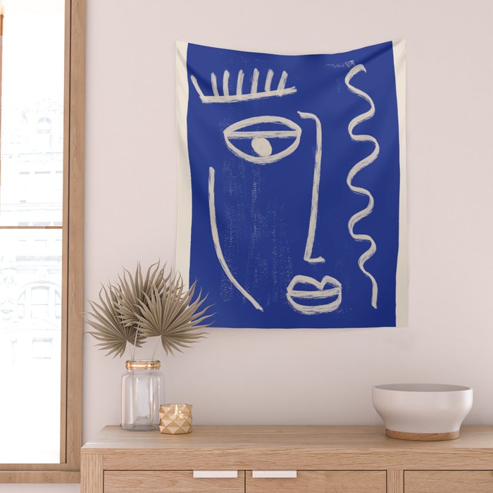 Abstract Face 23 Cobalt Blue Wall Tapestry Gallery Image 2