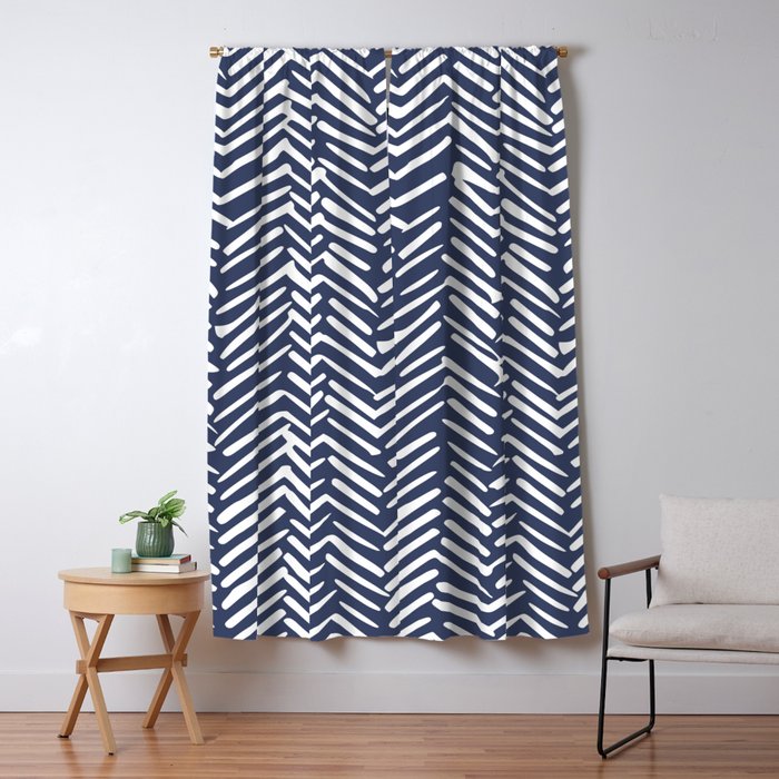 Boho Herringbone Pattern, Navy Blue and White Window Curtain Gallery Image 5