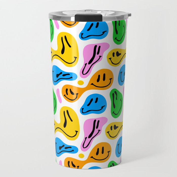 Funny melting smiling happy face colorful cartoon seamless pattern Travel Mug Gallery Image 1