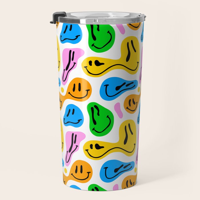 Funny melting smiling happy face colorful cartoon seamless pattern Travel Mug Gallery Image 3
