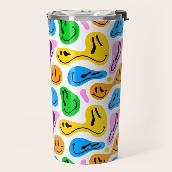 Funny melting smiling happy face colorful cartoon seamless pattern Travel Mug Gallery Image 2