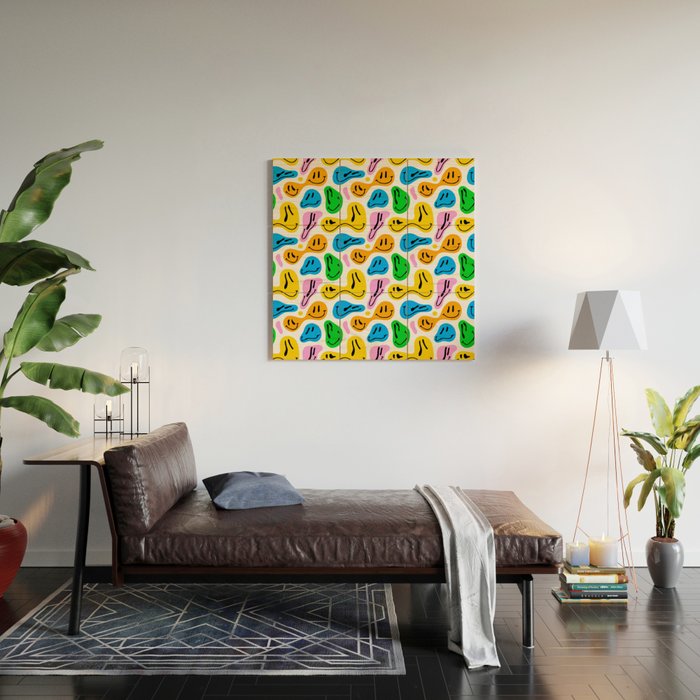 Funny melting smiling happy face colorful cartoon seamless pattern Wood Wall Art Gallery Image 2
