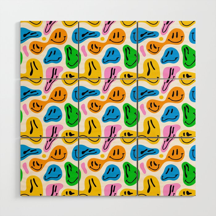 Funny melting smiling happy face colorful cartoon seamless pattern Wood Wall Art Gallery Image 1