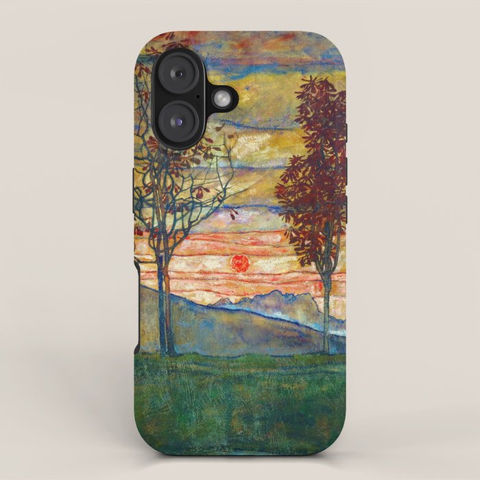 Four Trees with Red Leaves at Sunrise landscape painting by Egon Schiele iPhone Case Gallery Image 1