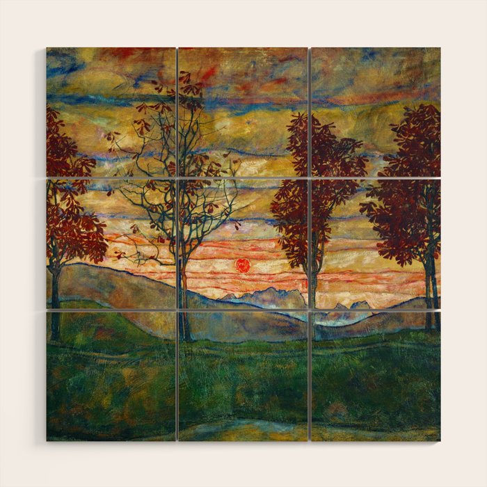 Four Trees with Red Leaves at Sunrise landscape painting by Egon Schiele Wood Wall Art Gallery Image 1