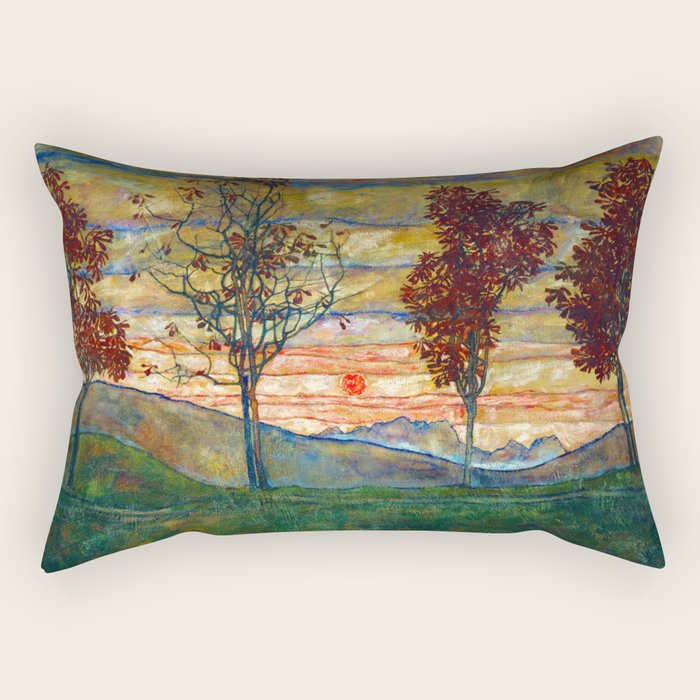 Four Trees with Red Leaves at Sunrise landscape painting by Egon Schiele Rectangular Pillow Gallery Image 1