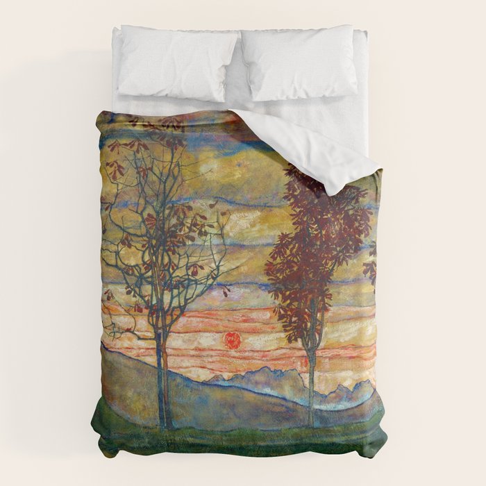 Four Trees with Red Leaves at Sunrise landscape painting by Egon Schiele Duvet Cover Gallery Image 6