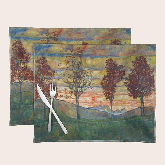 Four Trees with Red Leaves at Sunrise landscape painting by Egon Schiele Placemat Gallery Image 1