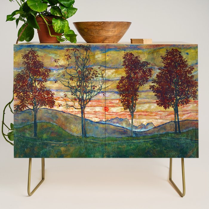 Four Trees with Red Leaves at Sunrise landscape painting by Egon Schiele Credenza Gallery Image 1