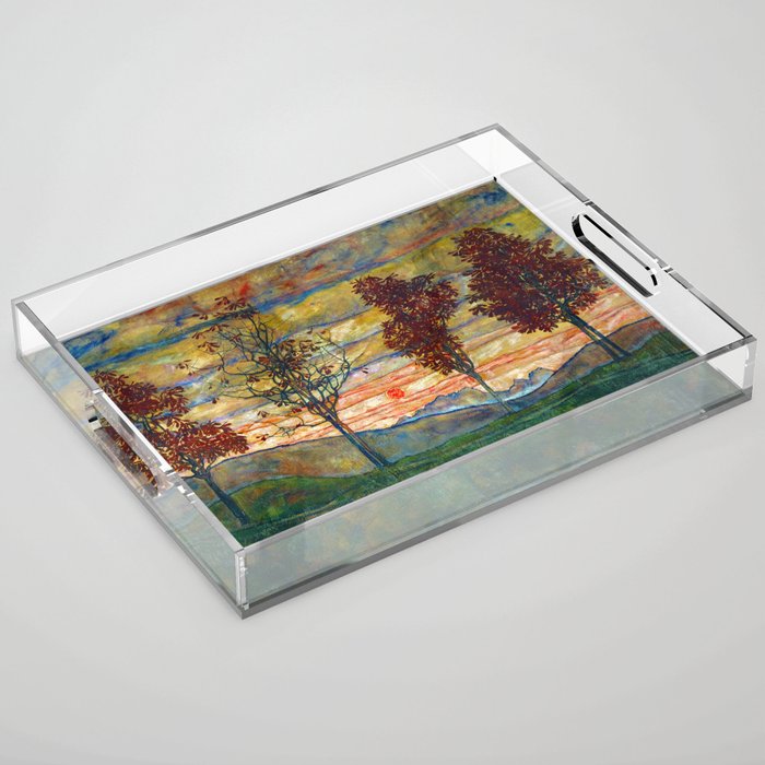 Four Trees with Red Leaves at Sunrise landscape painting by Egon Schiele Acrylic Tray Gallery Image 1
