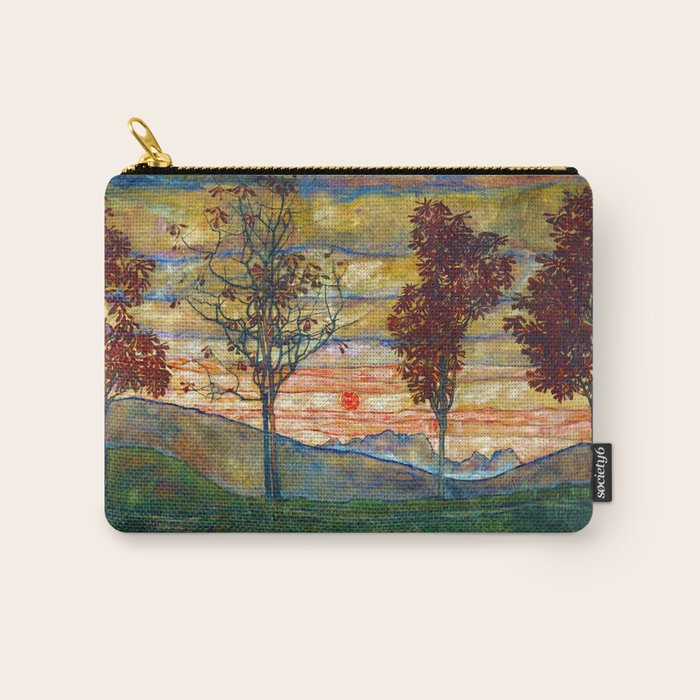 Four Trees with Red Leaves at Sunrise landscape painting by Egon Schiele Carry All Pouch Gallery Image 1