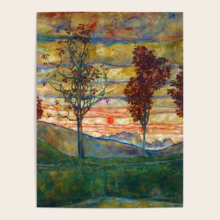 Four Trees with Red Leaves at Sunrise landscape painting by Egon Schiele Poster Gallery Image 1