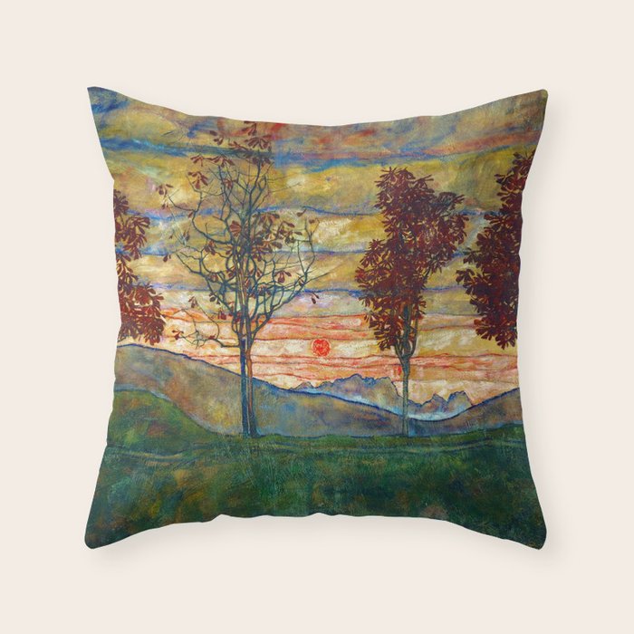 Four Trees with Red Leaves at Sunrise landscape painting by Egon Schiele Throw Pillow Gallery Image 6