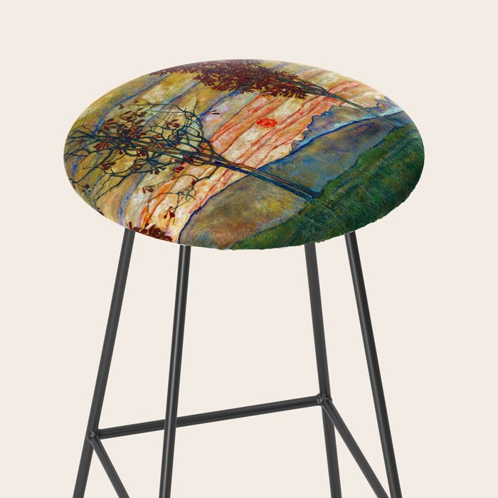 Four Trees with Red Leaves at Sunrise landscape painting by Egon Schiele Stool Gallery Image 2