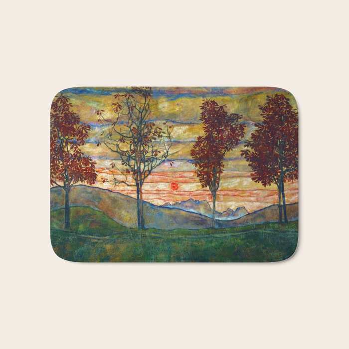 Four Trees with Red Leaves at Sunrise landscape painting by Egon Schiele Bath Mat Gallery Image 1