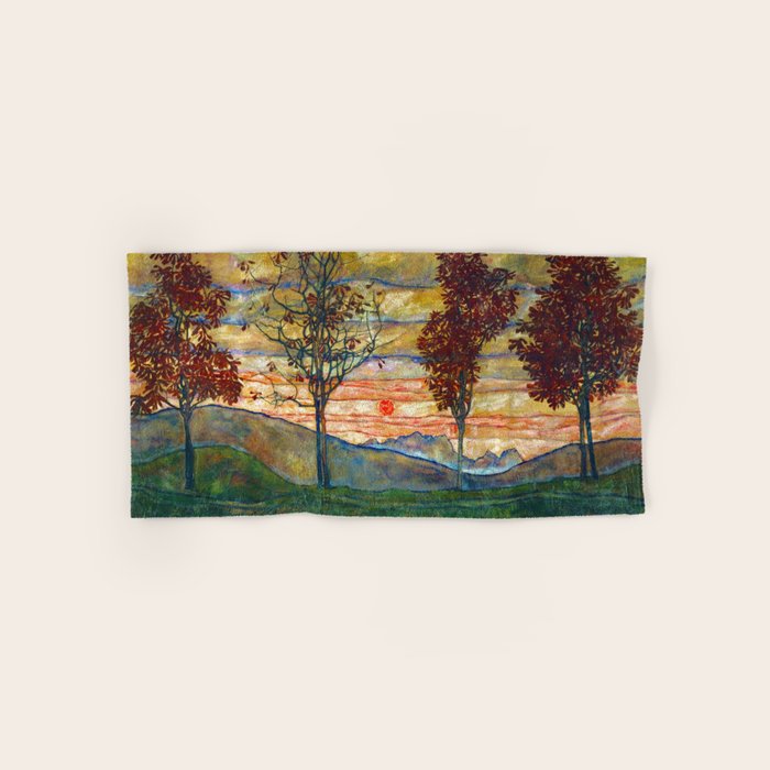 Four Trees with Red Leaves at Sunrise landscape painting by Egon Schiele Bath Towel Gallery Image 1