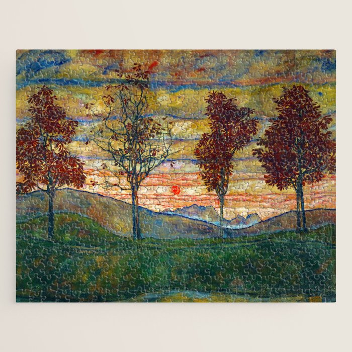 Four Trees with Red Leaves at Sunrise landscape painting by Egon Schiele Jigsaw Puzzle Gallery Image 1