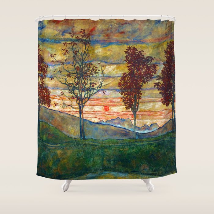 Four Trees with Red Leaves at Sunrise landscape painting by Egon Schiele Shower Curtain Gallery Image 1