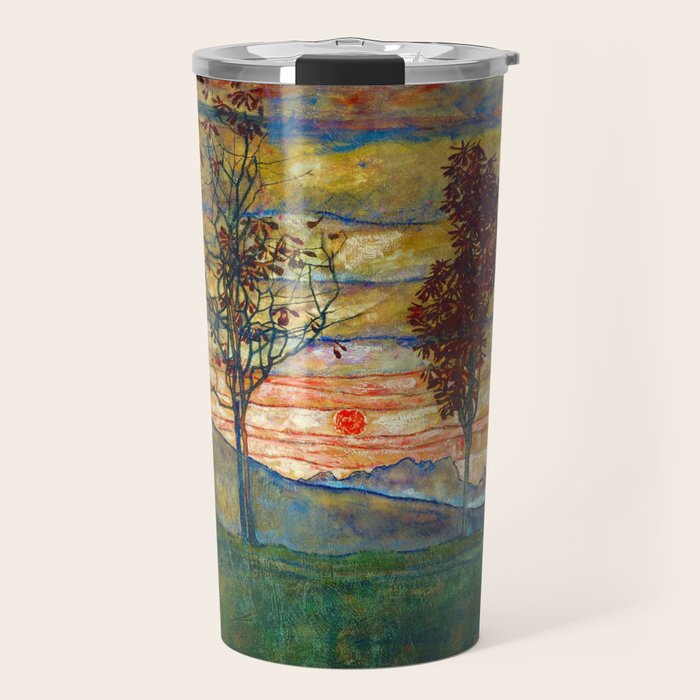 Four Trees with Red Leaves at Sunrise landscape painting by Egon Schiele Travel Mug Gallery Image 1
