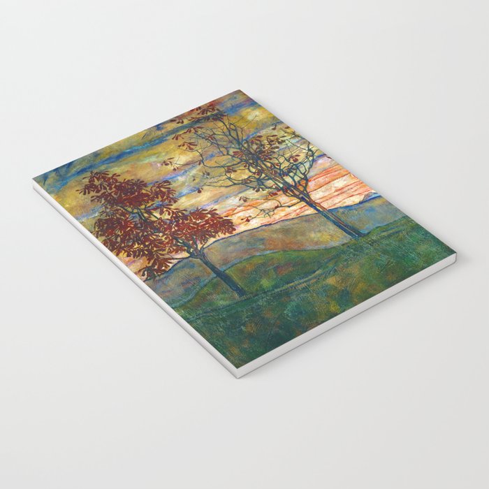 Four Trees with Red Leaves at Sunrise landscape painting by Egon Schiele Notebook Gallery Image 3