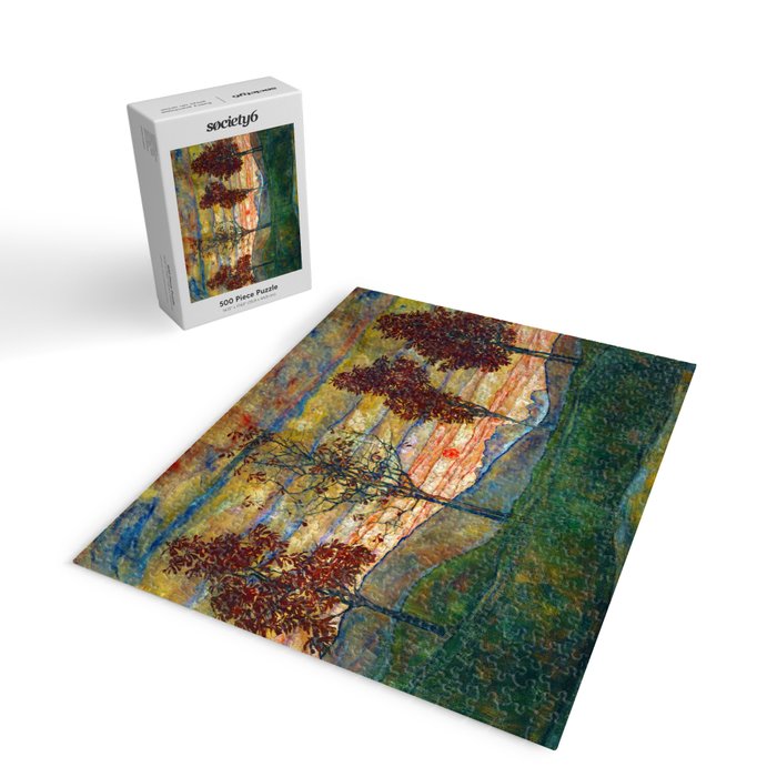 Four Trees with Red Leaves at Sunrise landscape painting by Egon Schiele Jigsaw Puzzle Gallery Image 2