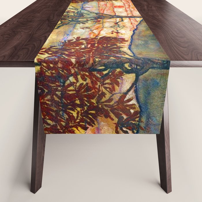 Four Trees with Red Leaves at Sunrise landscape painting by Egon Schiele Table Runner Gallery Image 1