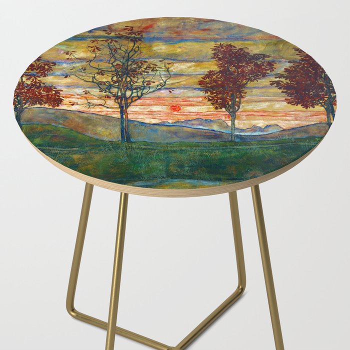 Four Trees with Red Leaves at Sunrise landscape painting by Egon Schiele Side Table Gallery Image 2