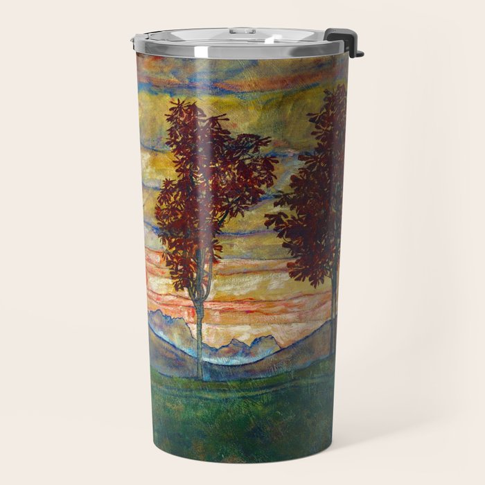 Four Trees with Red Leaves at Sunrise landscape painting by Egon Schiele Travel Mug Gallery Image 2
